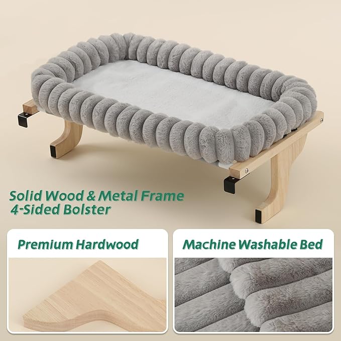Cat Perch for Window Sill with 4-Sided Bolster - Orthopedic Cat Window Hammock - Solid Hardwood & Metal Frame - Window Seat for Pets (Natural Color Wood w/Gray Bed, Medium)