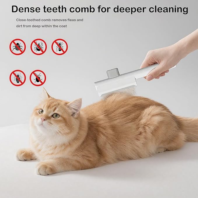 Pet Grooming Combo - Flea Comb(Dense Teeth) and Pet Hair Removal Comb(Long & Short Stainless Steel Teeth) with Release Button for Grooming Massaging and Cleaning Remove Fleas on Cat and Dog
