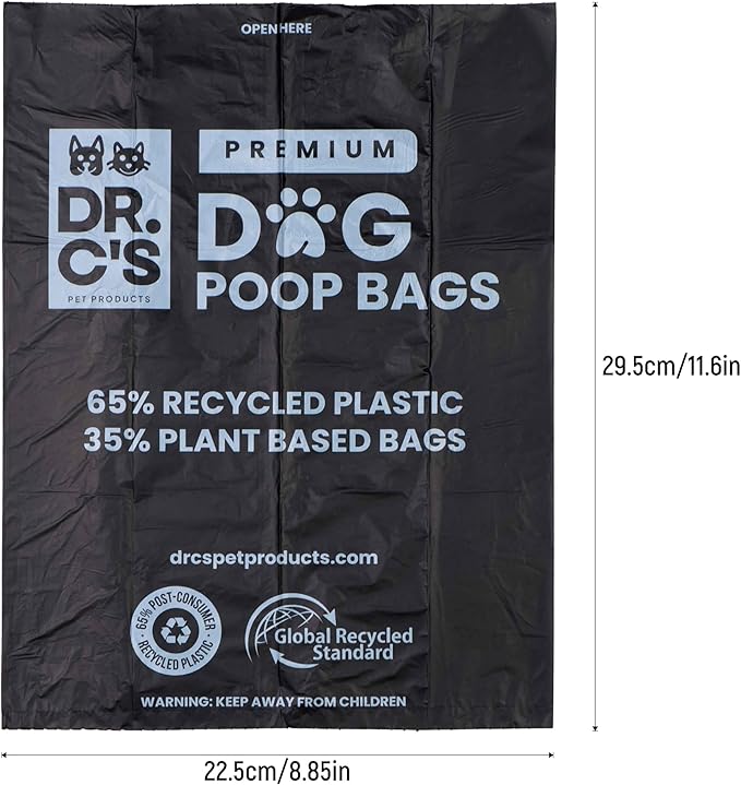 Certified 65% PCR (Post Consumer Recycled) Plastic and 35% Plant Based Dog Poop Bags - Dr. C's Premium Dog Poop Bags - 120 Bags / 8 Rolls, Extra thick, Leak Proof, Unscented, Earth Friendly