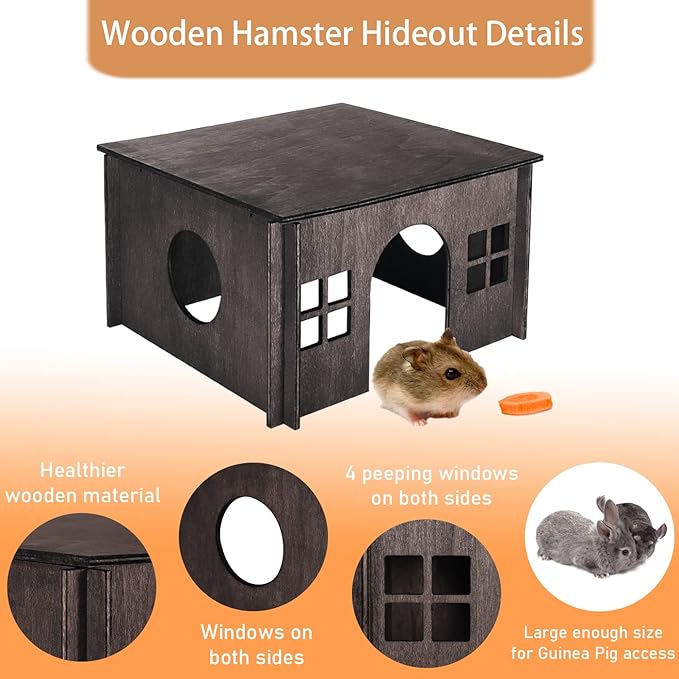 Wooden Guinea Pig House with Windows,Hamster Hideout, Large Size Suitable for Two Guinea Pig Hideout, Ventilated Wood Habitats Decor for Chinchilla, Hamster Mice Gerbils Mouse