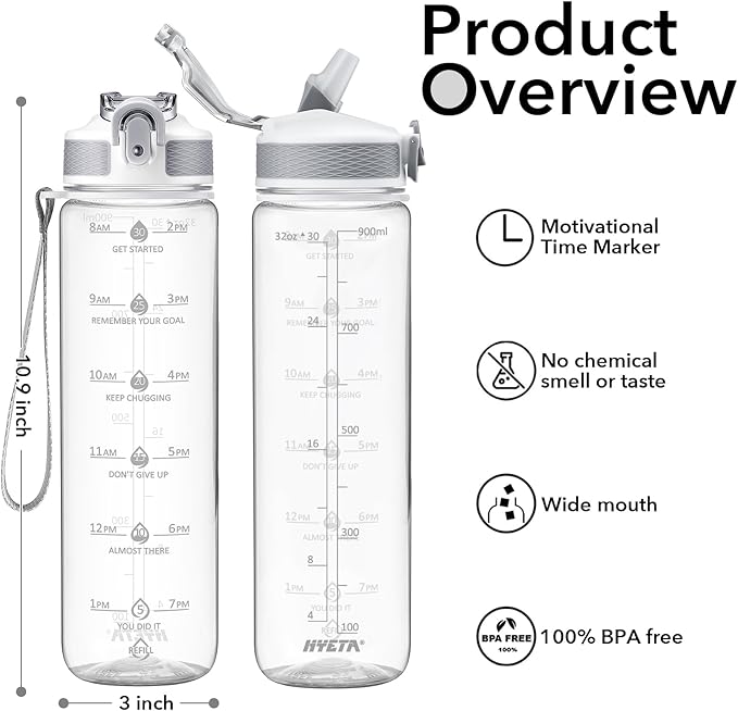 Hyeta 32oz Water Bottles with Straw - Stay Motivated and Hydrated with Convenient Times to Drink Markings, Durable, Leak-proof