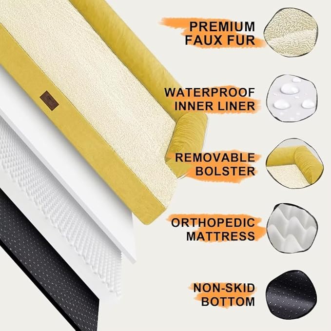 Large Dog Bed Orthopedic Washable | Beds Bolster Pet - XXL Large Big Dogs - Memory Foam - Couch Sofa - Waterproof with Removable Cover - Ginger Yellow Dog Bed