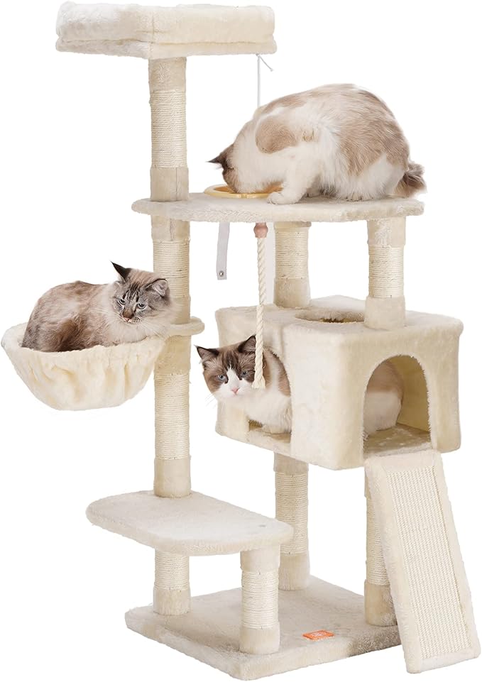 Heybly Cat Tree, Cat Tower for Indoor Cats with Scratching Board, Multi-Level Cat Furniture Condo with Feeding Bowl, Beige HCT010M