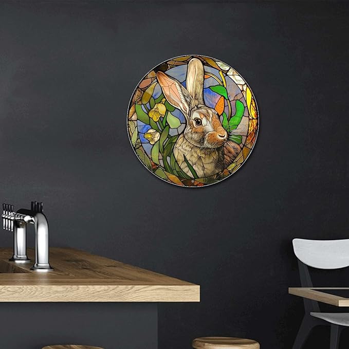 Lygond Metal Sign Tin Sign Circular Stained Glass Rabbit Restroom Tin Sign for Garden 8×8 Inches