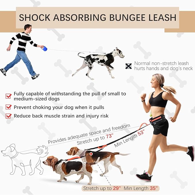 Hands-Free Waist Leash with Pouch for Two Dogs: Reflective Stitching, Dual Handle & Bungee Retractable Design – Ideal for Medium to Large Dogs (Orange) – Dog Walking Accessories