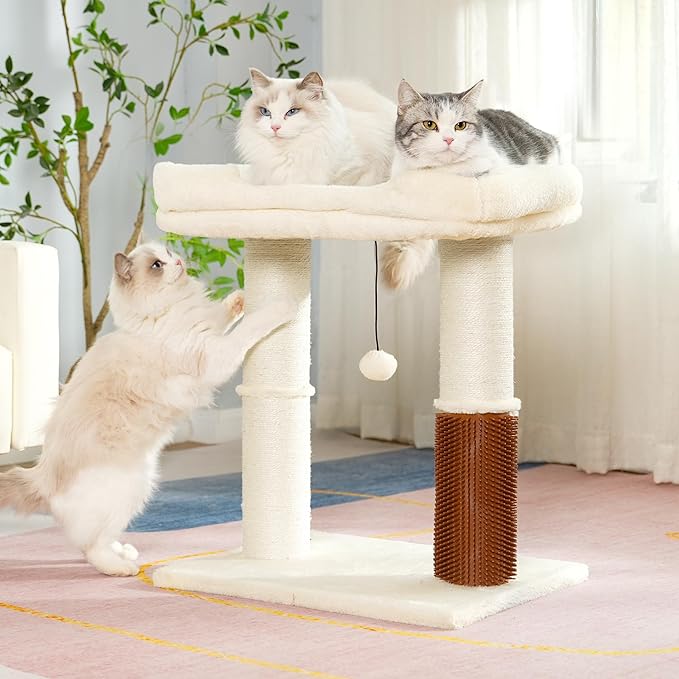Cat Tree Tower for Large Cats Cat Scratching Post with Cat Self Groomer, 20x15.7” Wide Top Bed, Thick Scratch Post [Dia=4.5”] and Danging Ball Great for Indoor Cats-Large Beige