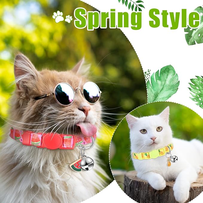 Frienda 12 Pcs Spring Summer Breakaway Cats Collars Girl Cat Safety Adjustable Collars with Bell and Summer Fruit Patterns Pendants Set for Pets Decoration(Medium)