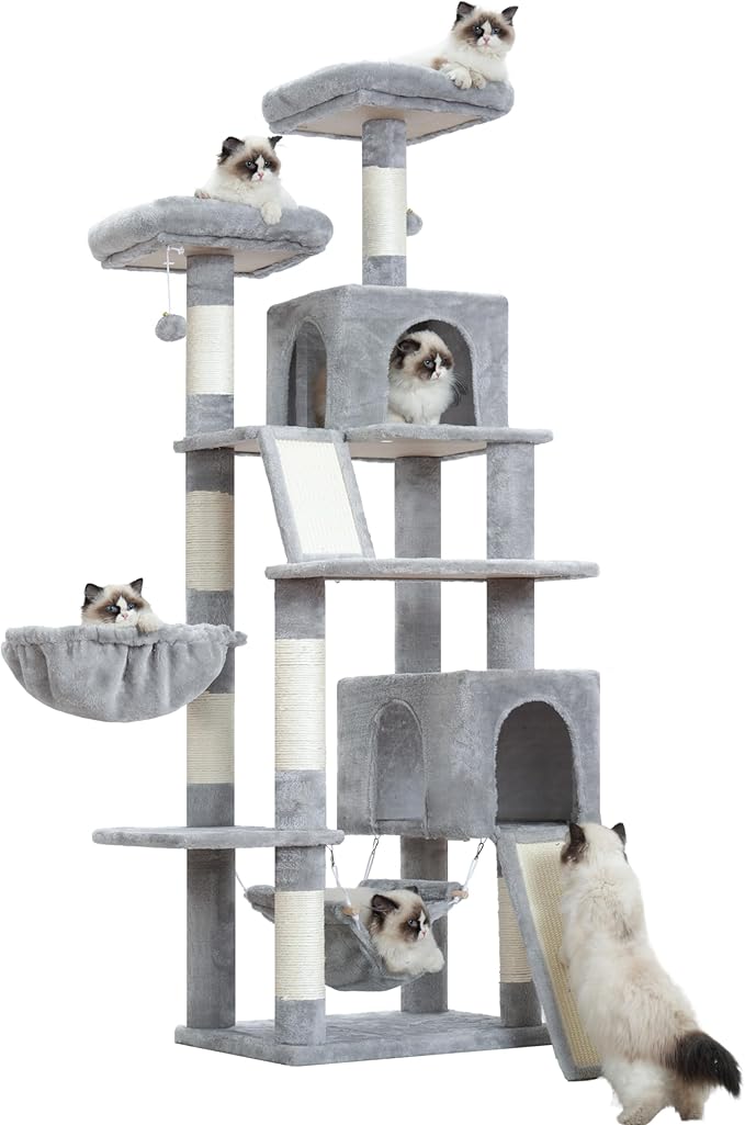 Cat Tree for Indoor Cats, 71'' (180cm) Multi-Level Cat Tower for Large Adult, Sturdy Cat Tree House with 2 Scratching Boards 7 Posts, 2 Plush Perches/Condos, Hammock, Light Gray GCT032W