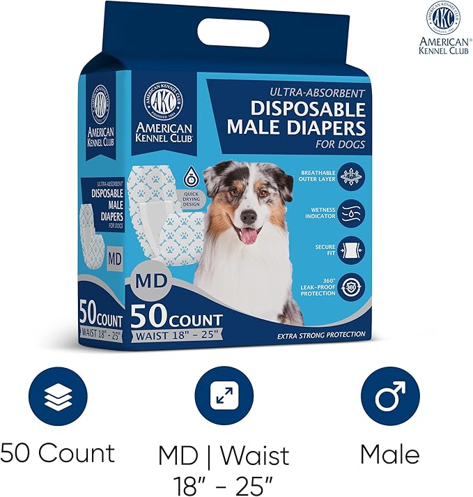 American Kennel Club Male Dog Wrap, Disposable Diapers with Wetness Indicator, Medium, 50 Count