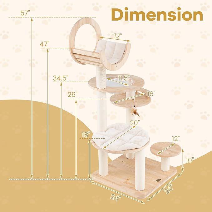 PETSITE 57 Inches Tall Wooden Cat Tree, Multi-Level Cat Tower with Scratching Posts, Space Capsule Bed, Padded Platform and Hanging Ball, Modern Transformable Cat Tree Tower for Indoor Cats Large