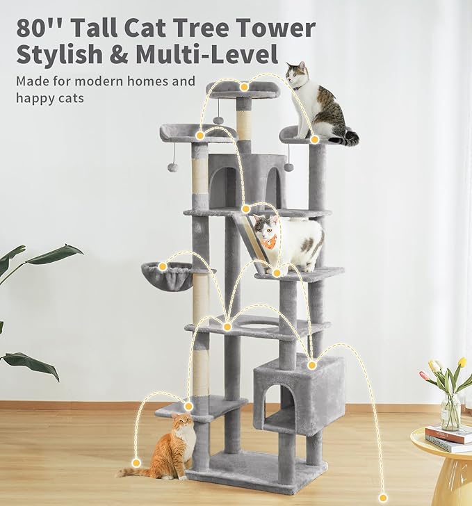 Made4Pets Tall Cat Tree, 80" Cat Tree Tower for Indoor Cats Large Adult, Modern Cat Tower with Scratching Post, Cozy Hammock, 3 Perches and 2 Condos, Sturdy and Fluffy, Light Gray