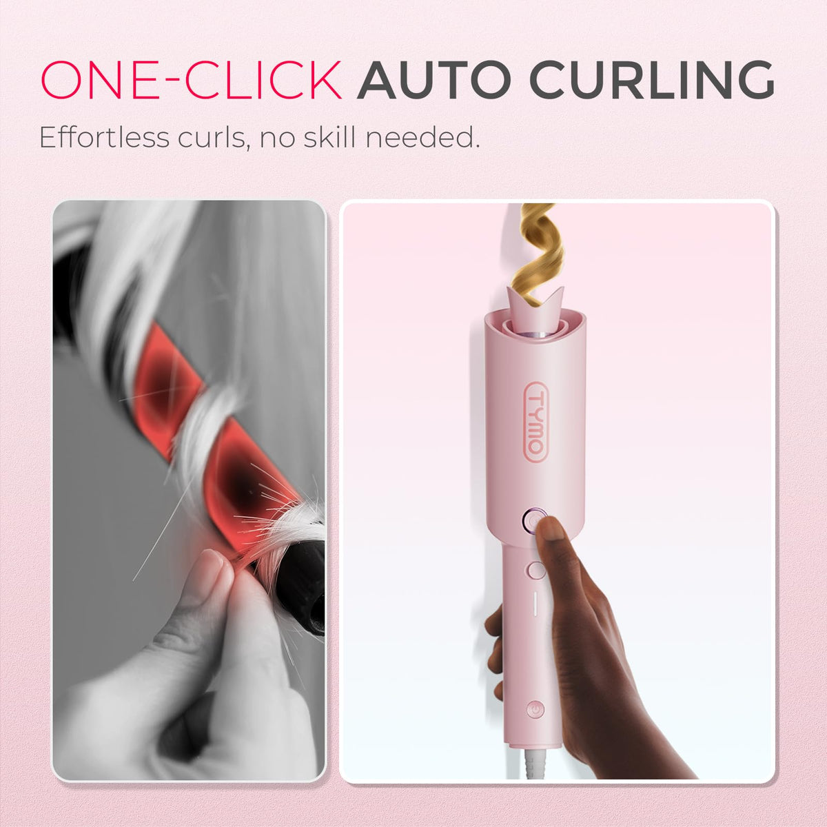 TYMO Automatic Rotating Curling Iron - TYMO CURLPRO Beach Waves Curling Wand, Portable Hair Curler, 500 Million Ionic, Dual Voltage & Lightweight for Travel, Ceramic Coating, 1 Inch, Pink