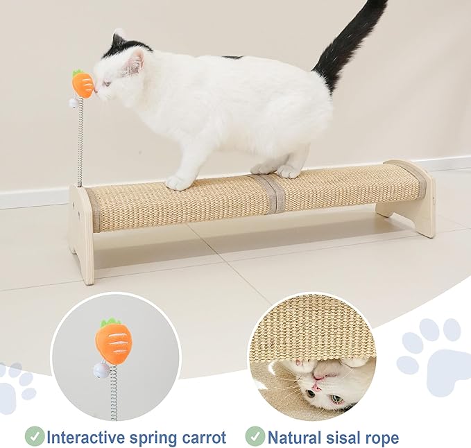 Cat Scratching Post, 30" Horizontal Sisal Scratch Post for Indoor Cats, Durable Cat Furniture Protector with Spring Toy