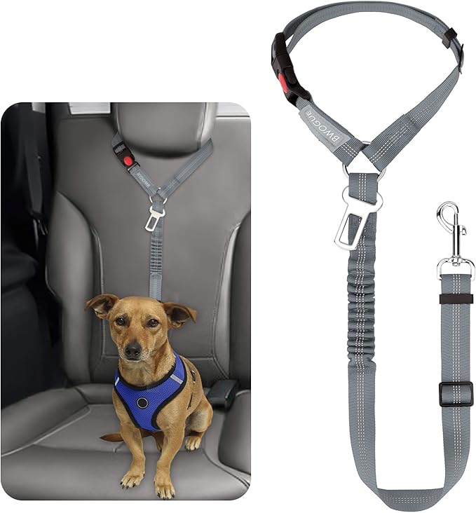 BWOGUE Pet Dog Cat Seat Belt Reflective Car Dog Headrest Restraint Leash Elastic Buffer Bungee Adjustable Tangle-Free Safety Leads Vehicle Seatbelt Harness for Small, Medium and Large Dogs (1 Pack)