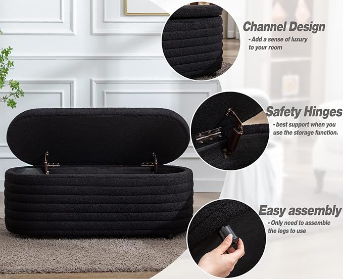 Kmax Storage Bench Faux Fur Entryway Bench Upholstered Ottoman Bench for Bedroom Living Room Hallway, Black