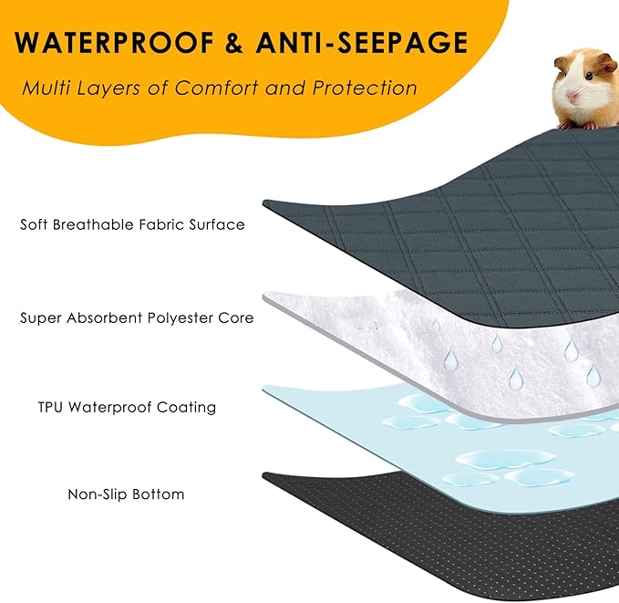 4 Pack Guinea Pig Cage Liners Washable Guinea Pig Bedding Super Absorbent | Waterproof | Non Slip| Reusable Guinea Pig Pee Pads for Small Animals Cages Rabbit Hamster Rat - 48" x 24"