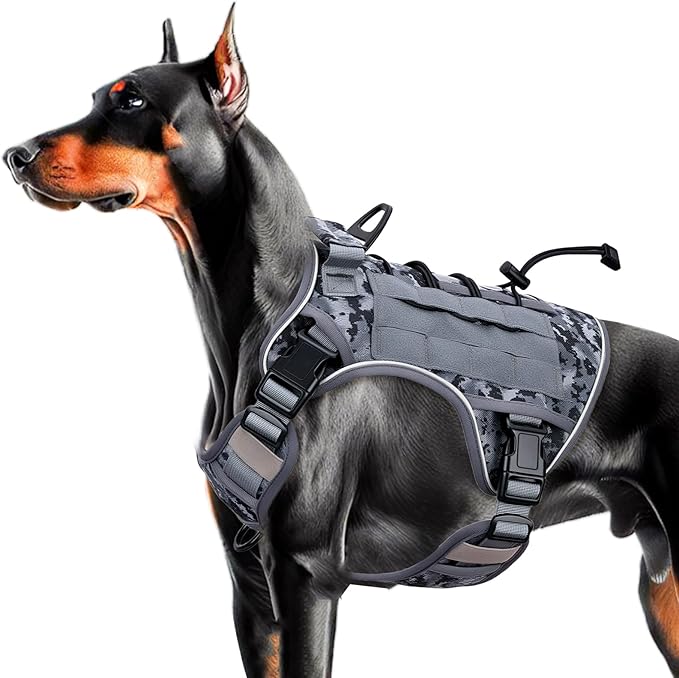 Heavy-Duty Tactical Dog Harness for Large Dogs, No Pull Adjustable Reflective Pet Vest with Molle System, K9 Military-Grade Control for Service Training, Outdoor & 10+ Breeds, Gray Camo, Large