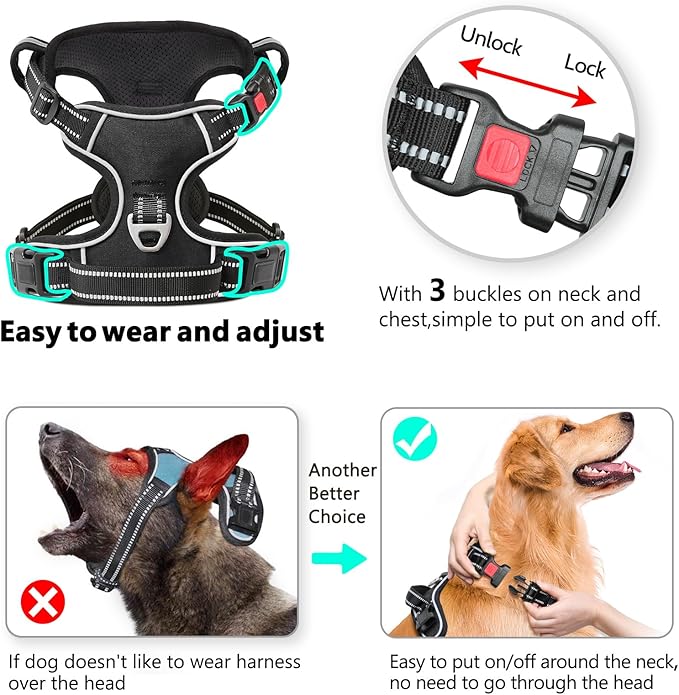 Timos Dog Harness, 3 Snap Buckles No-Pull Soft Padded Dog Vest with 2 Metal Leash Clips, Adjustable Reflective No Choke Pet Harness with Easy Control Handle for Small Dogs,Black,S