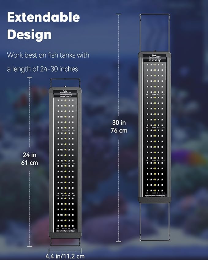 Pawfly 26W Saltwater Aquarium Light for 24" to 30" Fish Tanks Dimmable LED Reef Light for Coral Extendable Marine Fish Tank Light with Full Spectrum D/N Mode Timer Auto On/Off Adjustable Brightness