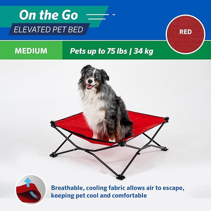 Coolaroo On-The-Go Elevated Dog Bed - Foldable Pop-Up Travel Dog Bed with Breathable, Moisture-Resistant Fabric, Carry Bag Included, Lightweight & Portable, Red, Medium