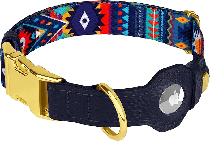 AirTag Dog Collar for Small Medium Large Breed - Adjustable Cute Pattern Dog Collar with Airtag Holder - Soft Leather Tracker GPS Apple Air Tag Pet Collars (X-Small, 9"-12" Neck Fit, Navajo)
