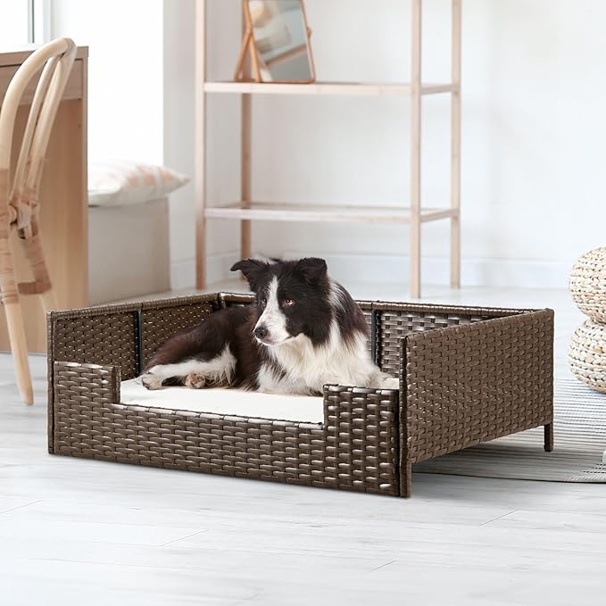 YITAHOME Rattan Dog Sofa Bed with Cushion, Wicker Pet Bed Sofa Couch Indoor Outdoor Waterproof for Large Medium Small Dogs Cats (34.6''L*23.6''W*11.8''H,Beige)