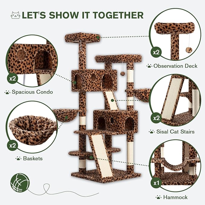 MUTICOR 66 Inches Multi-Level Large Cat Tree Tower for Indoor Big Feline/Cozy Plush Perches/Condo/Sisal Scratching Posts/Hammock and Baskets/Activity Center Play House/Wide Base/Leopard Print