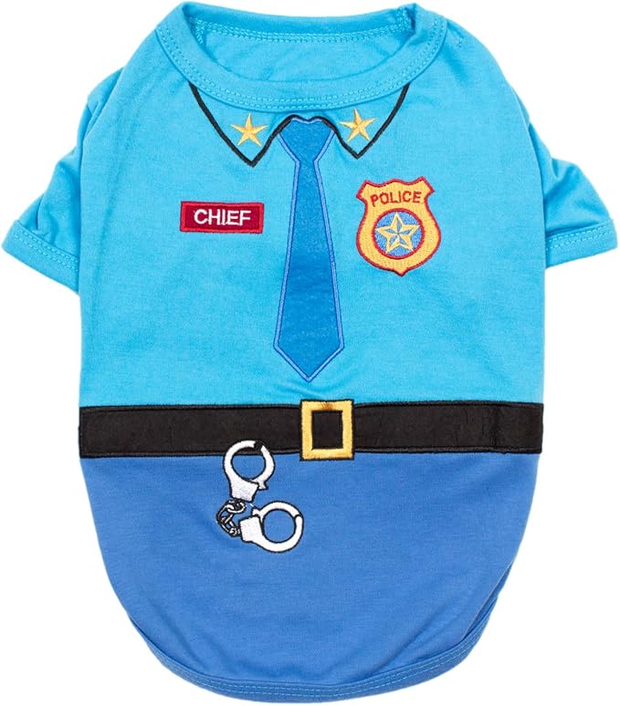 Parisian Pet Embroidered Dog Police Costume - 100% Cotton and Polyester Pet Clothes - Sleeved Cop Costume for Small Blue Dogs