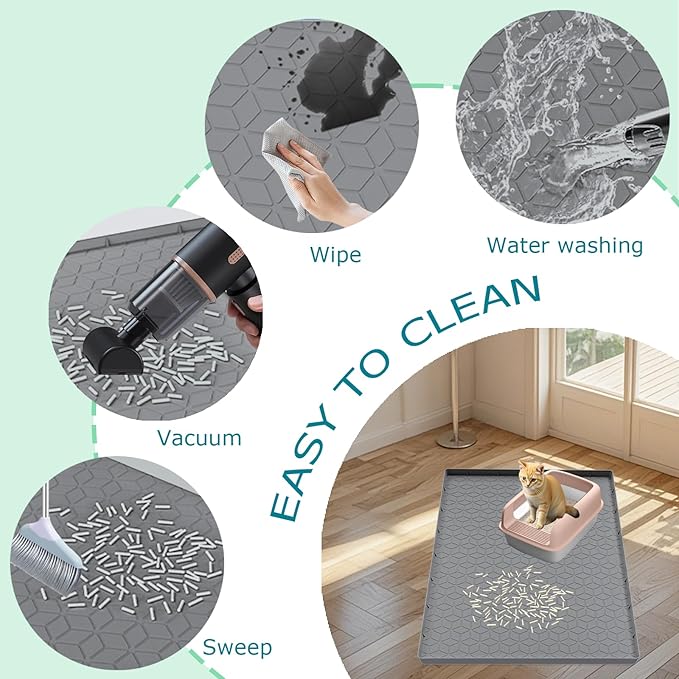 Cat Litter Mat for Litter Box, Silicone Large Cat Litter Trapping Mat - 34x22 in, Waterproof & Non-Slip, Durable & Easy Clean, Gray