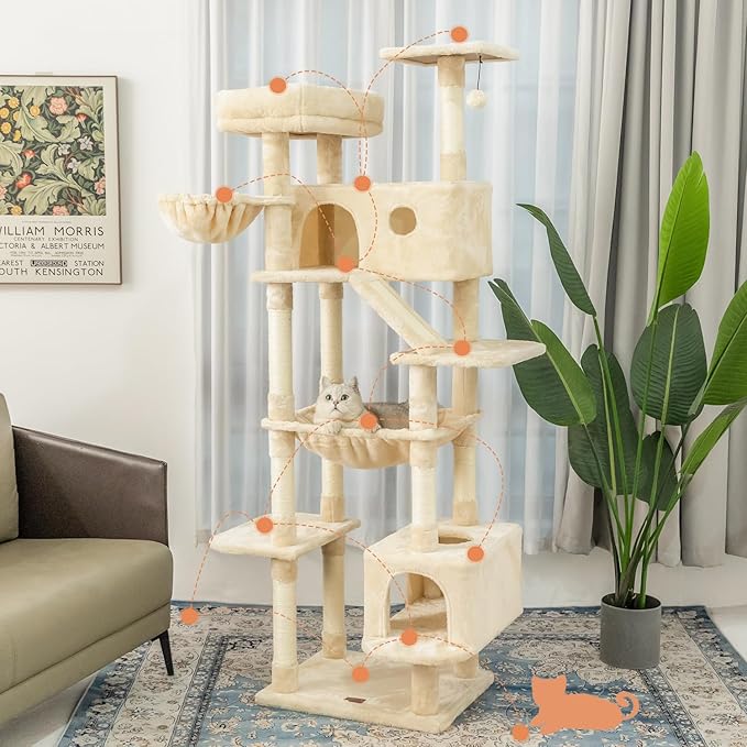 73 inches Large Cat Tree for Indoor Cats, Tall Cat Tower with Sisal Scratching Posts and Pads, Padded Plush Perch, Cozy Basket, Plush Condo for Large Cats (Beige)