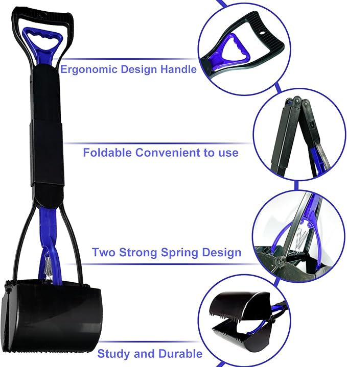 Pooper Scooper with Bags, 28" Long Handle Dog Poop Scooper for Large Medium Small Dogs, Durable Spring and High Strength Material Foldable Waste Pickup Tool for Easy Grass and Gravel Pick Up, Blue