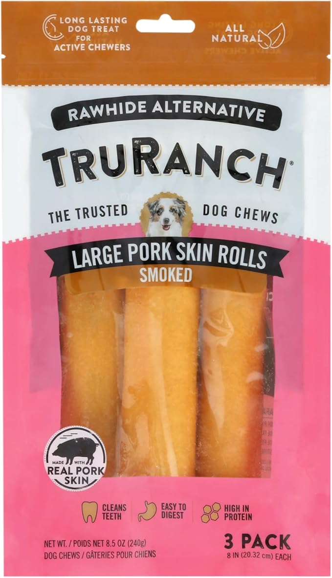 Large Pork Skin Rolls - Smoked Collagen Rolls - Collagen Chews for Dogs - Real Pork Skin - Rawhide Alternative - Easy to Digest Treat, 1 Bag, 3 Count