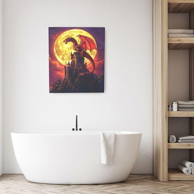 Dragon Bathroom Pictures Wall Art, Red Dragon Castle Bathroom Wall Decor, Framed Painting Canvas Artwork for Bedroom Living Room Decorations 24"L x 20"W