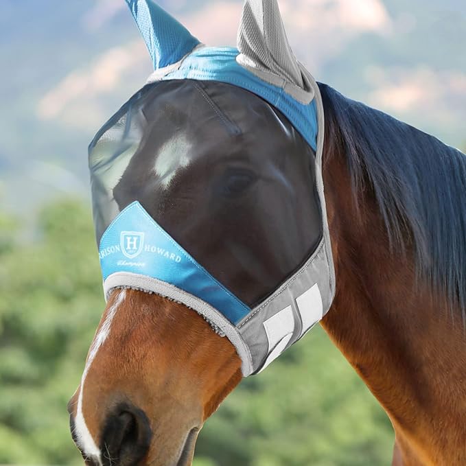 Harrison Howard Pro Luminous Horse Fly Mask Standard with Ears UV Protection for Horse Azure Blue/Silver Medium Cob