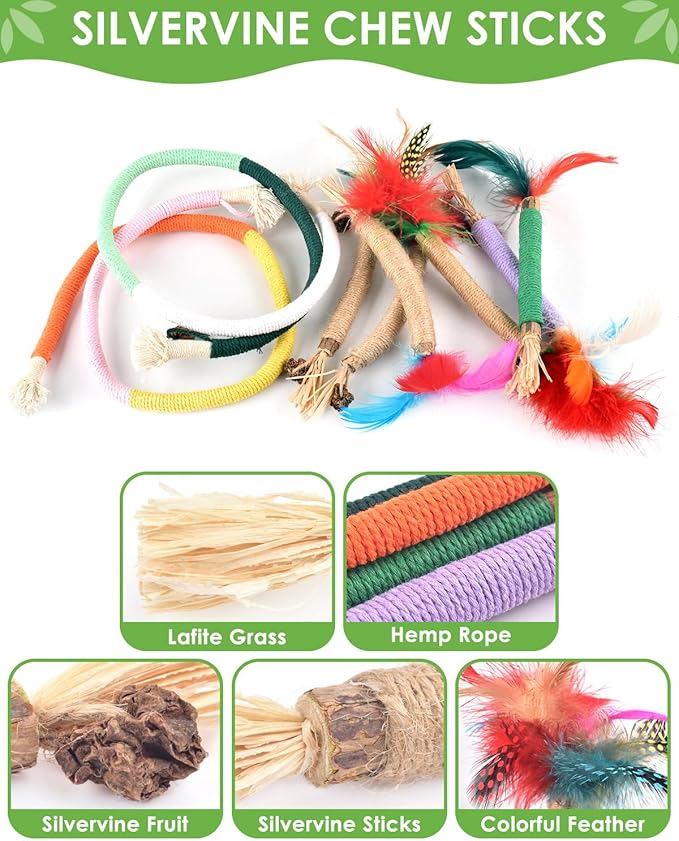 TINDTOP Cat Chew Toys, 12 Pack Silvervine Chew Sticks with 2 Pack Chew Ropes for Kittens Teeth Cleaning, Increase Appetite, Aggressive Chewers Cat Dental Toy