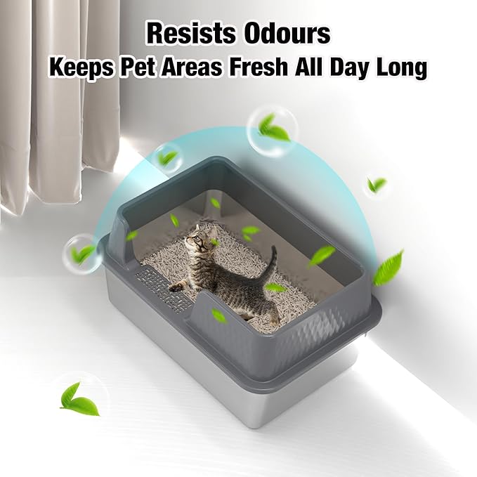 Suhaco Stainless Steel Litter Box Side Entry, Kitty Litter Mat and White Scoop Included Covered Metal High Sided Extra Large Cat Litter Box with Lid Removable Enclosure for Medium Cats (Tall Grey)