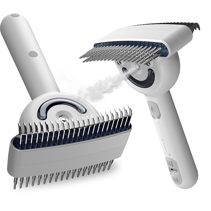 Pet Grooming Brush with Double-Sided Spray and UV Sterilization - 360° Rotating Round Needle, Depilatory Comb and Long Hair Brush, Waterproof, Rechargeable - For Long or Curly Haired Pets