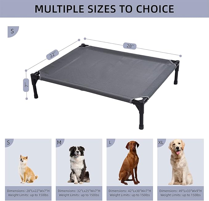 pettycare Elevated Outdoor Dog Bed - Dog Cots for Small Pet, Heavy Duty Raised Cot Waterproof, Cooling Pets Bed with Washable Durable Teslin Mesh and Non Slip Feet, 28 Inches, Grey