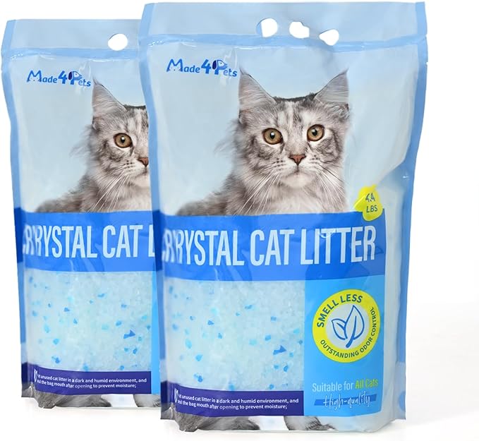 Made4Pets Cat Litter Crystals, Non Clumping Cat Litter Odor Control Kitty Litter Non Clumping No scooping Low Dust, Low Tracking, Lightweight, Dehydrates Waste,– 8.6 lbs (2 x 4.3 lb Packs)