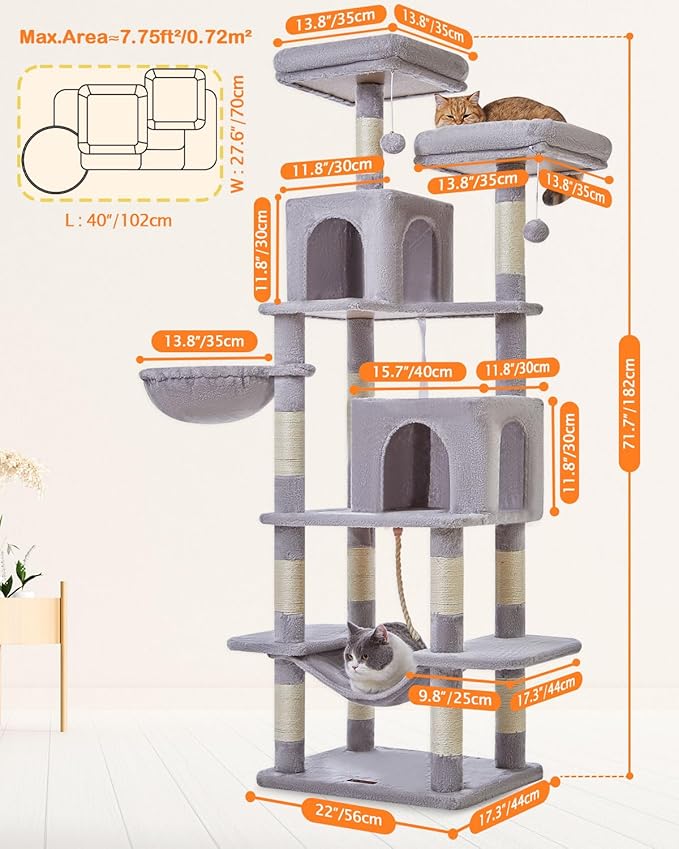 Taoqimiao Cat Tree, 71.7-Inch Cat Tower for Indoor Cats, Plush Multi-Level Cat Condo with 13 Scratching Posts, 2 Perches, 2 Caves, Hammock, 2 Pompoms,Light Gray MS013LW