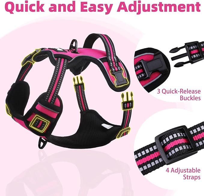 PUPTECK No Pull Dog Harness for Large, Adjustable Reflective Dog Harness with Handle Easy Control, Comfortable Soft Padded Pet Vest Harness for Large Dogs, Fuschia L