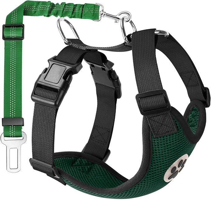 Lukovee Dog Seat Belt - Adjustable Dog Car Harness for Large, Medium & Small Dogs, Soft Padded & Breathable Mesh Dog Seatbelt with Vehicle Connector Strap (Green, Medium)