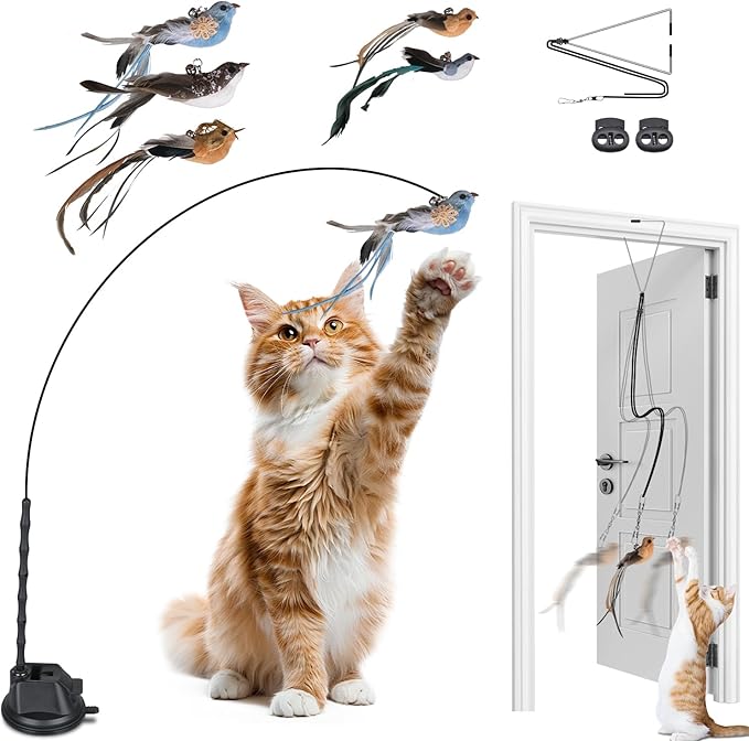 Cat Toys for Indoor Cats, Interactive Bird Cat Toy Self-Holding Suction Base with 5 Replaceable Birds, Door Hanging String, Feathers & Bells | Chase, Jump & Exercise for Kittens/Adult Cats