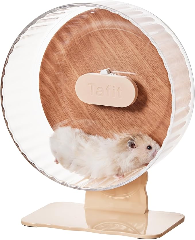 Silent Hamster Wheel 10.5 Inch Dual-Bearings Quiet Running Exercise Wheels with Wood Grain Backboard, Height Adjustable for Syrian Hamsters, Gerbils, Mice, Hedgehog, Lemmings, Warm Brown