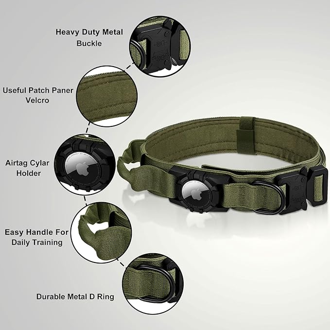 Tactical AirTag Dog Collar Leash Set - Heavy Duty, Adjustable GPS Collar Compatible with Apple AirTag, with Holder & Control Handle for Medium/Large Dogs [ Green, L ]