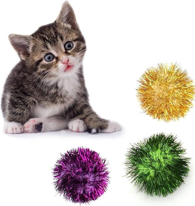 AUEAR, 24 Pack 2 Inch Extra Large Sparkle Cat Ball Glitter Tinsel Pom Pom Balls for Kittens (4 Assorsted Colors)