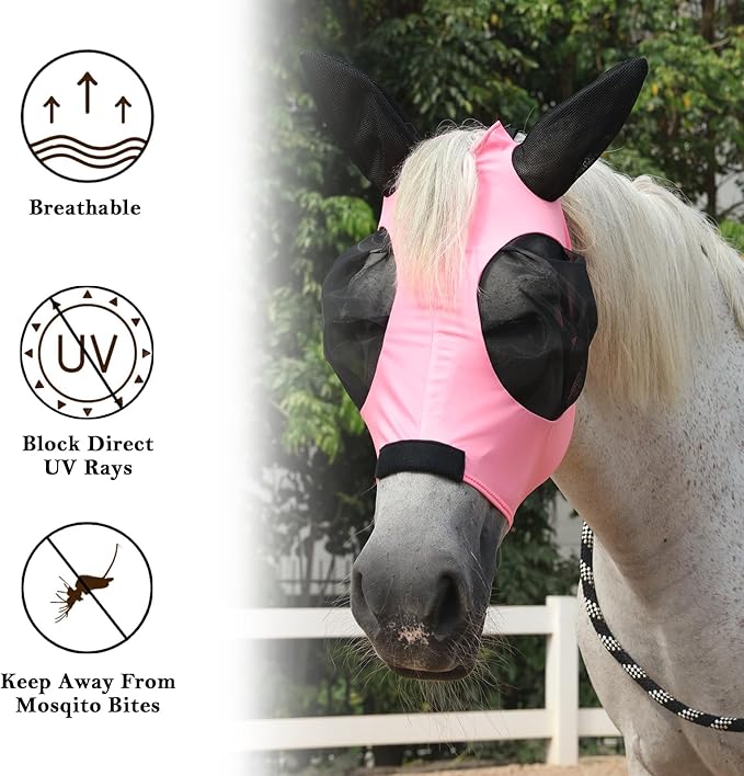 Horse Fly Mask with Ears - Large Eye Space for Full Vision, Breathable Stretch Comfort Fit, UV Protection, Forelock Opening, Easy Pull-On Pink Pony