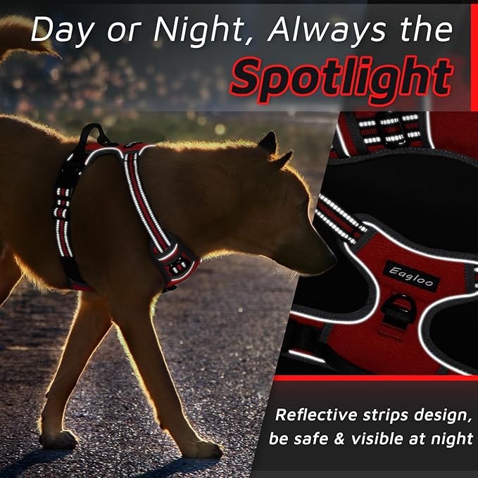 Eagloo Dog Harness for Large Dogs, No Pull Service Vest with Reflective Strips and Control Handle, Adjustable and Comfortable for Easy Walking, No Choke Pet Harness with 2 Metal Rings, Red, L