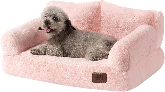 Hollypet Fluffy Plush Pet Cat Couch Soft Calming Pet Sofa Beds for Medium Small Cats and Dogs, Pink