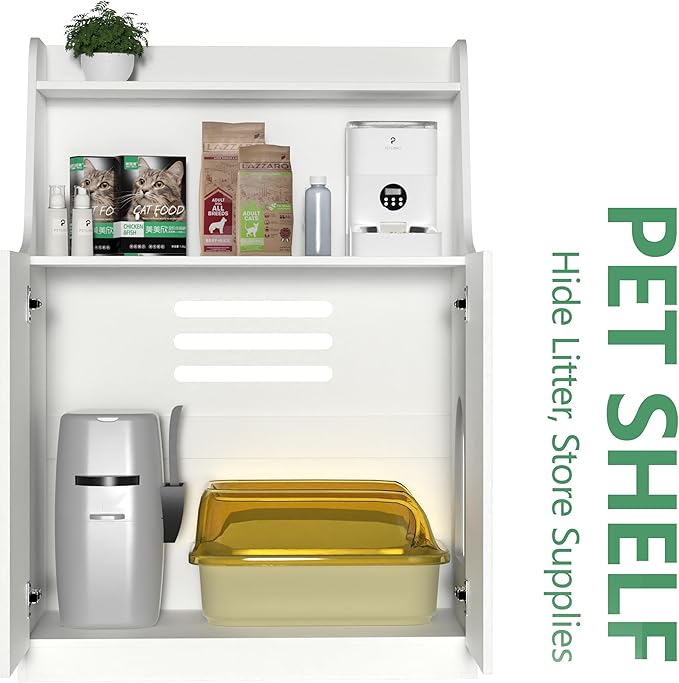 Large/Tall Litter Box Enclosure, Modern Wooden Litter Box Furniture for XL Litterbox with Open Shelf as Sideboard Cabinet (White)